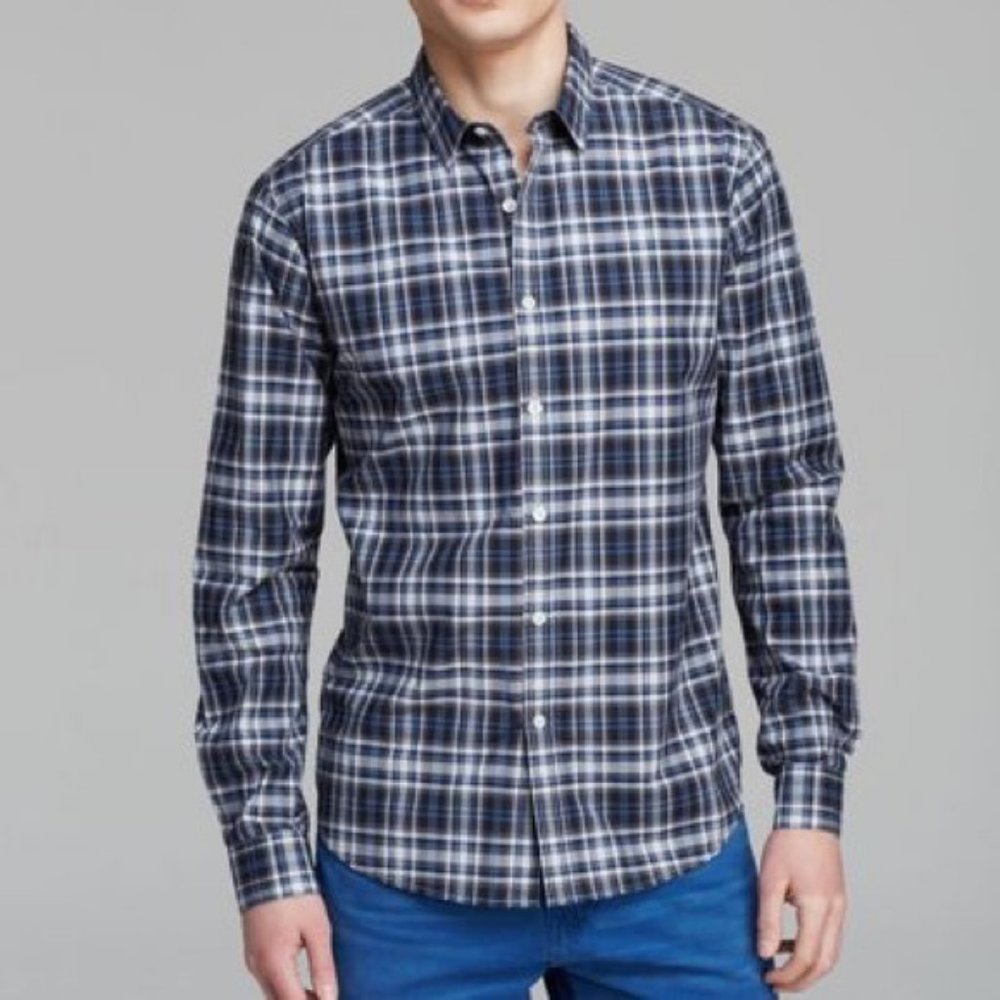 Theory Blue Woven Plaid Mens Shirt Slim Fit